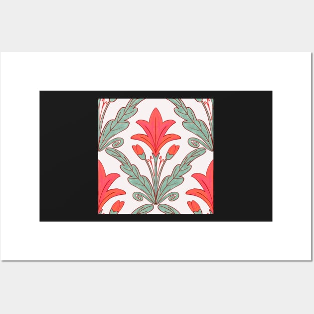 Regency style modern floral damask medallion pattern in deep melon red and sage green Wall Art by FrancesPoff